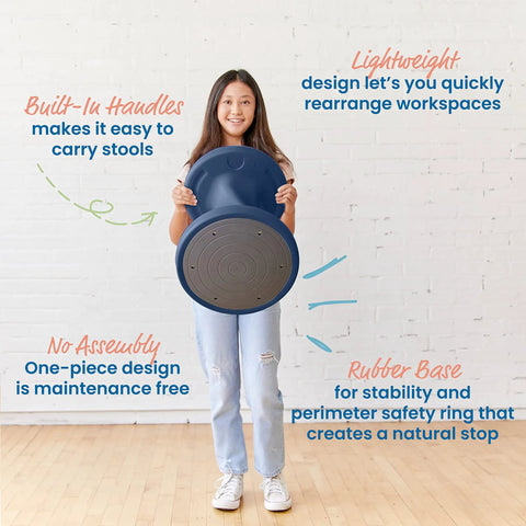 Person holding Twist Active Wobble Stool For Flexible Classroom Seating And Collaboration, 18 Inch Seat Height Navy Color, Lightweight