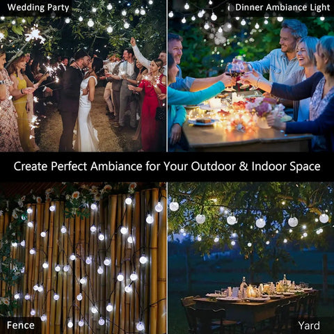 Solar Powered Crystal Globe String Lights 100 LEDs, 72 Ft Outdoor Patio Lights With 8 Modes, used in wedding and dinner settings.