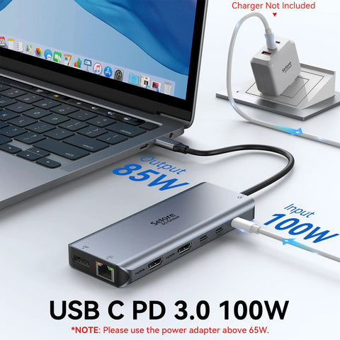 Triple Monitor USB C Docking Station 13-In-1 Hub with laptops connected showing power input and output.