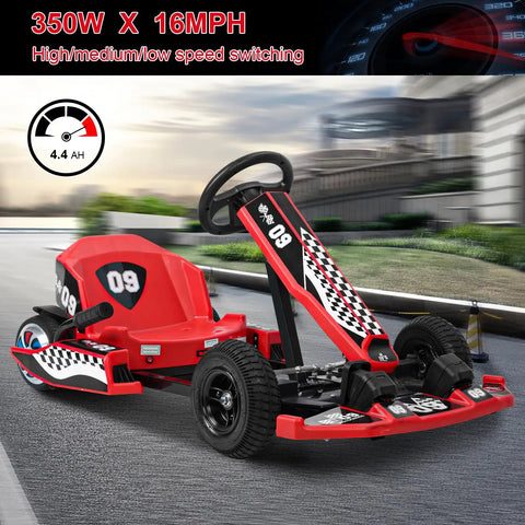 Kids 36V Electric Drift Go Kart With 350W Motor And 16 MPH Top Speed, shown with red checkered design on pavement.