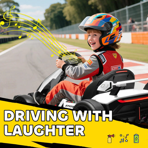 Child riding Dual Motor 24V Electric Go Kart For Kids 6-12 With Adjustable Seat Drift Mode Slow Start Lights Music