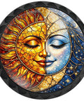 Boho Sun And Moon Face Cabinet Knobs 4 Pack, stained glass mosaic with warm golden sun and starry blue moon design