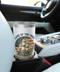 Patriotic Stainless Steel Insulated Tumbler With US Flag Sailboat Design in a car cup holder, keeps drinks cold or hot.