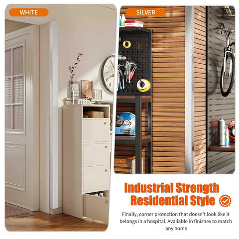 Built Tough 304 Stainless Steel Wall Corner Guards 2X2X48 Inch Metal Edge Protectors 10 Pack displayed in white and silver finishes.