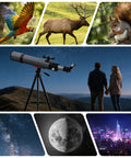 90mm Aperture Refractor Telescope For Beginners, 600mm focal length, on tripod under starry sky, ideal for stargazing.