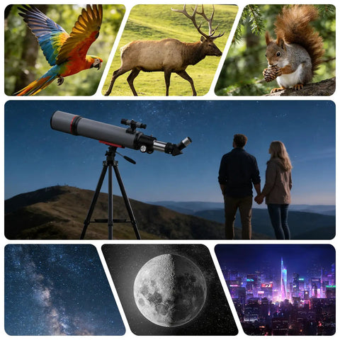 90mm Aperture Refractor Telescope For Beginners, 600mm focal length, on tripod under starry sky, ideal for stargazing.