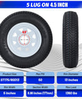 Trailer Tire And Wheel Set With ST175/80D13 Tire On 13 Inch Rims, 5 Lug On 4.5 Inch Bolt Pattern, Load Range C, 6PR, 50 Psi Max, White 13x5 Wheels, Set Of 2