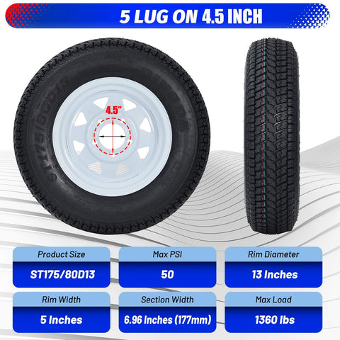 Trailer Tire And Wheel Set With ST175/80D13 Tire On 13 Inch Rims, 5 Lug On 4.5 Inch Bolt Pattern, Load Range C, 6PR, 50 Psi Max, White 13x5 Wheels, Set Of 2