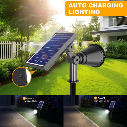 Heavy Duty Solar Spotlights Outdoor Two Pack With Dual Pivot Heads And Fully Rotating Panels Dropping A Crisp Cool White Glow To Light Up The Whole Patio Without Any Wiring Stress While Staying Damn Tough On Every Season