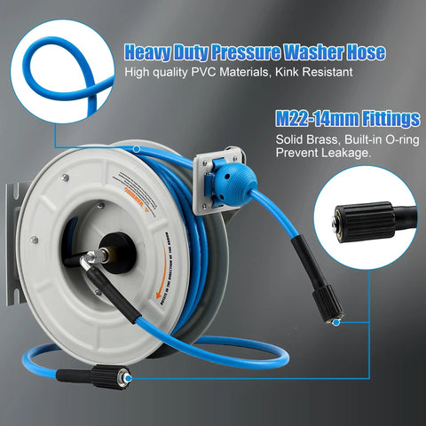 Pressure Washer Hose Reel With Retractable Hose, Sixty Foot Long One Quarter Inch Core, Auto Rewind, Wall Mounted Workhorse, Heavy Duty Steel Construction, Tangle Free Storage, Smooth Retract, 3600 PSI Ready with PVC hose and M22 fittings