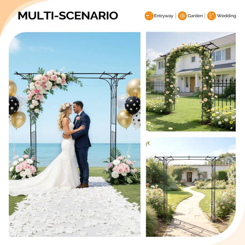Sturdy Steel Garden Archway For Weddings And Yard Vibes with lattice sides in outdoor wedding and garden settings.