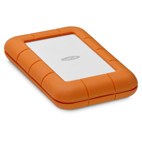 Rugged USB-C Portable External Hard Drive 5TB for Mac and PC, Drop Resistant, Shock Proof, visible in orange protective casing.