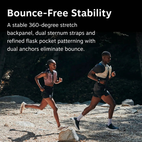 Two runners wearing Duro 1.5L Mens Running Hydration Vest With Hydraulics Soft Flasks Breathable Mesh No Bounce Fit on trail.