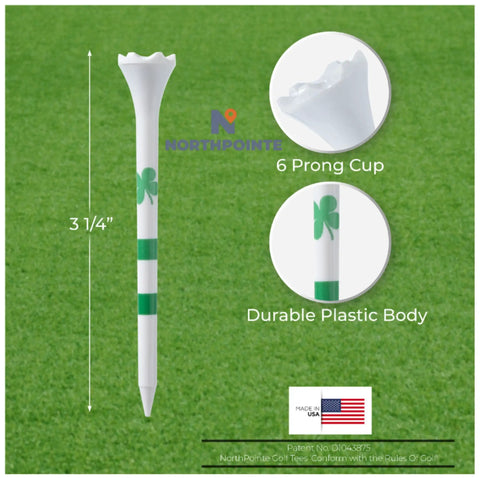 Four Leaf Clover Shamrock Golf Tees Bulk Pack Three And A Quarter Inch Plastic Tees White With Green Stripes Durable USA Made 100 Count