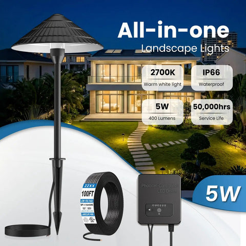 All In One Low Voltage Landscape Lighting Kit With Twelve 5W Pathway Lights And A 96W Transformer for Outdoor Yards, night view