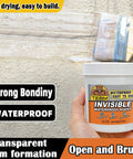 Tough As Nails Transparent Waterproof Adhesive And Invisible Leak Sealant For Roof Wall And Bathroom Shower Repair Indoor Outdoor All Season Temperature Resistant Crystal Clear Coating being applied with a brush on a wall.