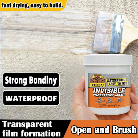 Tough As Nails Transparent Waterproof Adhesive And Invisible Leak Sealant For Roof Wall And Bathroom Shower Repair Indoor Outdoor All Season Temperature Resistant Crystal Clear Coating being applied with a brush on a wall.