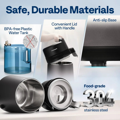 Countertop Distiller With 1.6 Gallon Capacity And 900W Power BPA-free plastic, stainless steel components shown.