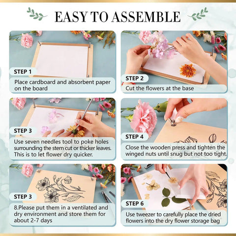 Step-by-step assembly guide for 6 Layer Flower Press Kit For Adults With About 12 By 7 Inch Plates To Press Flowers Leaves And Herbs DIY Flower Preservation For Bookmarks Weddings And Arts Craft Gifts Dope Gift