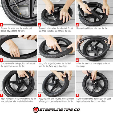 Step-by-step guide on replacing flat tires using Three Pack Jogging Stroller Tire Replacement Set With Two 16x1.75 Rear Tires And One 12.5x2.25 Front Tire BPA Latex Free Butyl Rubber For Real High Performance Safe Ride And Wide Compatibility With Three Wheel Strollers