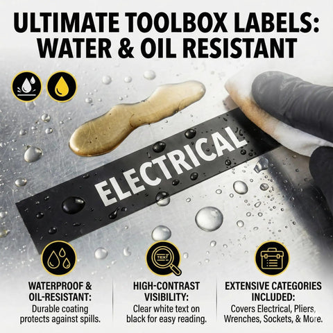 220 Piece Tool Box Labels Set For Mechanic Pros And Garage Storage High Contrast Black And White Identification Stickers For Tool Chests Rolling Cabinets And Workshop Organization 10 Sheets with waterproof and oil-resistant label displayed.