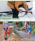 Four Piece 27 Inch Curved D Handle Shovel Set For Gardening And Digging, in use for snow removal and campsite digging.
