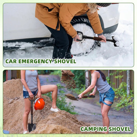 Four Piece 27 Inch Curved D Handle Shovel Set For Gardening And Digging, in use for snow removal and campsite digging.