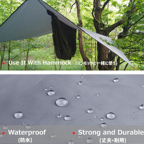 Rugged All Weather Waterproof Tent Tarp Hexagon Rain Fly With Hammock Ground Cloth And Sunshade Mat for Camping Picnics Hiking Beach Survival Gear Gray Large shown in use as a hammock shelter in forest setting.