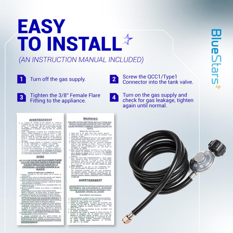 Installation guide for 8 Ft QCC1 Propane Regulator And Adapter Hose For LP Gas Grills And Heaters Universal Tank Connector shown