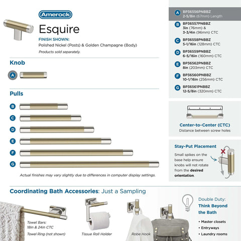 Contemporary Polished Nickel And Golden Champagne Cabinet Knob For Cabinets And Furniture, Esquire Series 2 And Five Eighths Inch Diameter Drawer Knob, Sleek Modern Hardware, 1 Pack; shown with coordinating pulls and bath accessories.