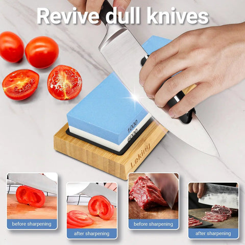 Dual Grit Knife Sharpener Whetstone Set With 1000/6000 Grit Bamboo Base shown sharpening a knife