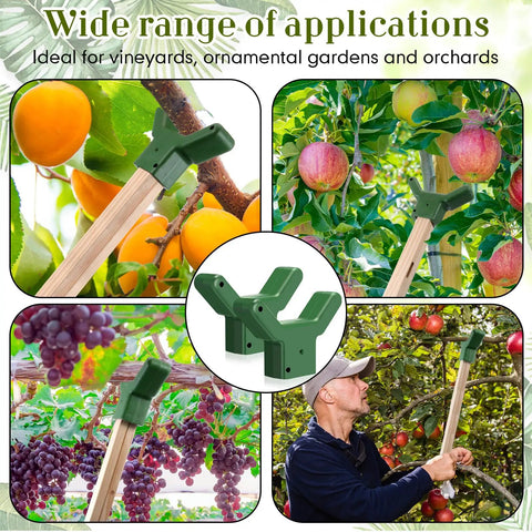 16 Piece Tree Support Kit for Fruit Trees and Vines, green plastic branch braces on lumber in orchards and vineyards