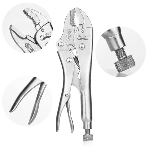 7 Inch Curved Jaw Locking Pliers With Wire Cutter And Adjustable Wrench, Heavy Duty Alloy Steel Tool showing jaw and screw