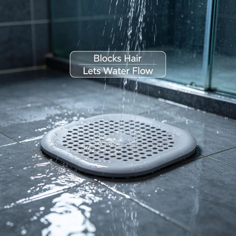 ACDANC 2 Pack Drain Cover Hair Catcher Pad, Silicone Tube Trap on shower floor filtering hair while allowing water flow.