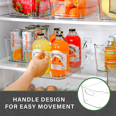 Person holding a Straight Up Sturdy 12 Pack Clear Plastic Storage Bins With Handles, showcasing easy movement in a fridge.