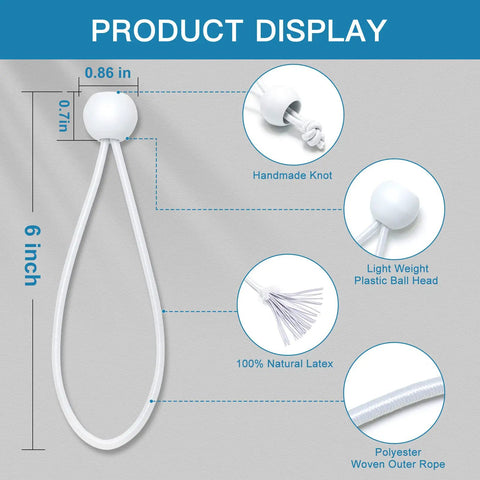 Six Inch White Ball Bungee Cords 50 Pcs Heavy Duty Tarp Ball Bungee Ties Canopy Tie Downs display diagram