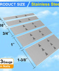 Premium 23 Gauge Headless Pin Nails With Rust Resistant Stainless Steel Construction in five sizes displayed on a blue background.