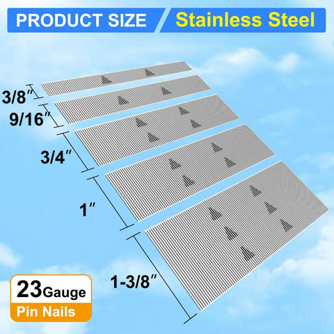 Premium 23 Gauge Headless Pin Nails With Rust Resistant Stainless Steel Construction in five sizes displayed on a blue background.