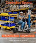 Awesome Heavy Duty Electric Tugger Cart With 2600 Lb Tow Power, operator on ride-on seat in warehouse, showcasing mobility features.