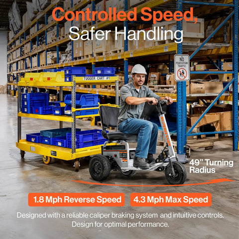 Awesome Heavy Duty Electric Tugger Cart With 2600 Lb Tow Power, operator on ride-on seat in warehouse, showcasing mobility features.