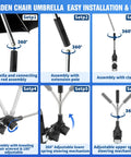 Installation steps for 42 Inch Garden Chair Umbrella With Universal Clamp, 360 Degree Swivel Sun Shield For Garden Seats and Camping Chairs.