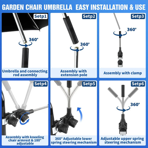 Installation steps for 42 Inch Garden Chair Umbrella With Universal Clamp, 360 Degree Swivel Sun Shield For Garden Seats and Camping Chairs.