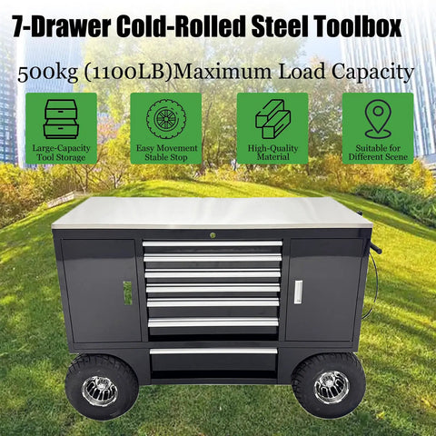 Pro Level Heavy Duty 7 Drawer Cold Rolled Steel Tool Chest With Hella Major Load Capacity And Rugged Powder Coated Finish Mobile Shop Cart on grass.