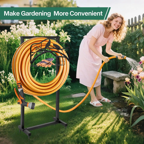 Freestanding Metal Garden Hose Holder With Four Spikes And Detachable Water Hose Hanger Organizer For Outdoor Use
