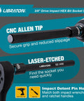 3/8 Inch Drive Long Impact Hex Bit Socket Set Built Like A Tank With S2 Steel Insert and CRV Body Featuring Manganese Coating for Zero Slack.