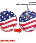 Airhead Stars And Stripes Towable Tube For 1 Rider Boating And Water Sports Made In The USA Heavy Duty Full Nylon Cover Patented Speed Safety Valve For Easy Inflation And Deflation Foam Padded Handles, front view