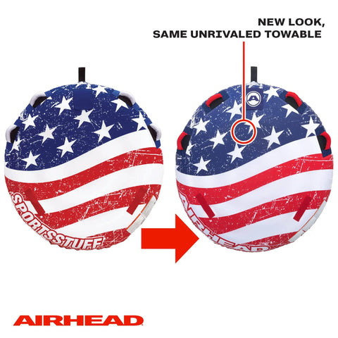 Airhead Stars And Stripes Towable Tube For 1 Rider Boating And Water Sports Made In The USA Heavy Duty Full Nylon Cover Patented Speed Safety Valve For Easy Inflation And Deflation Foam Padded Handles, front view