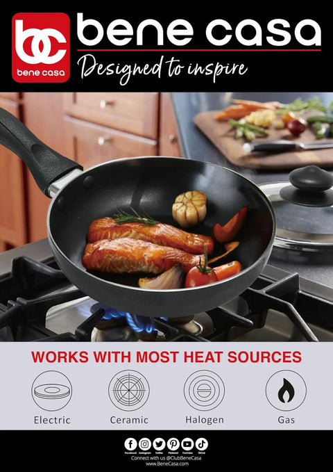 Black Nonstick Aluminum Frying Pan With Glass Lid 6 Inch in use on a gas stove searing food, suitable for quick searing with no fuss release.