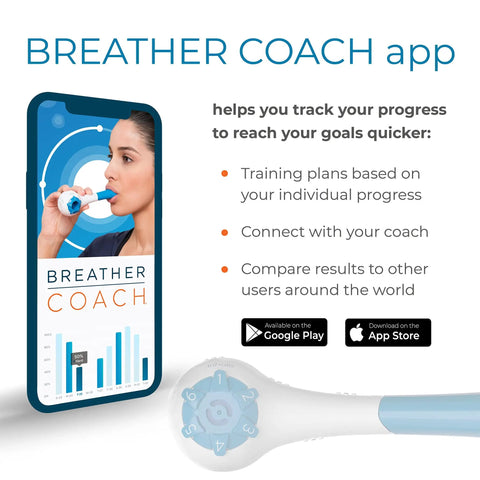 Breathing Exerciser For Stronger Lungs And Drug Free Respiratory Therapy, Boost Oxygen Flow, Easy At Home Lung Training With Guided Mobile App And Online Video Protocol For Daily Breathwork And Lung Gains app screen and device