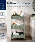 Three-Tier Water Hyacinth Rolling Caddy With Wheels For Laundry Room Bathroom Craft Room And More shown in bathroom with storage items